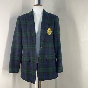 Lauren Ralph Lauren Wool Cashmere Tartan Blazer Green Navy Size 10 Petite